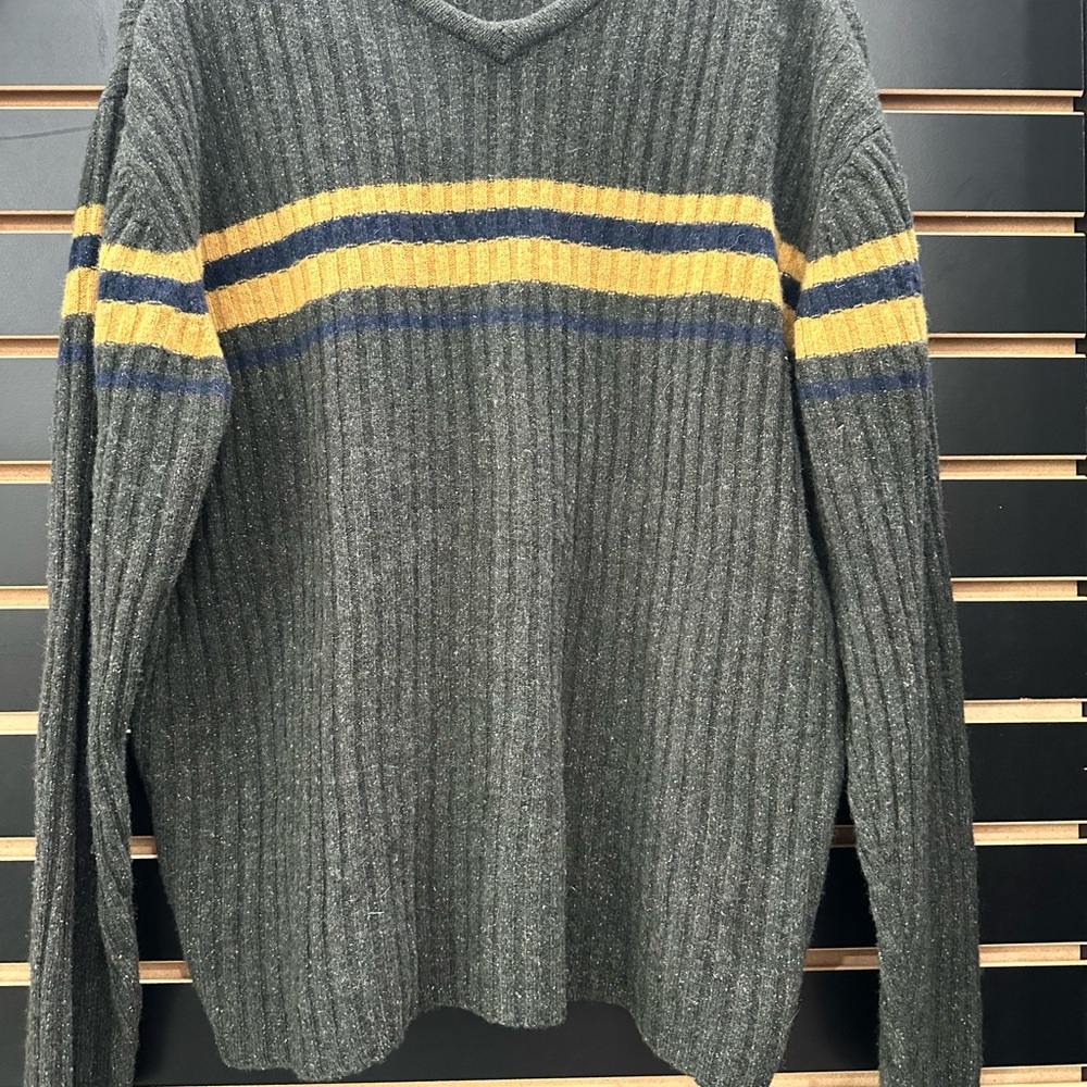 BKE Buckle V-Neck Sweater in Green with Yellow and Blue Stripes